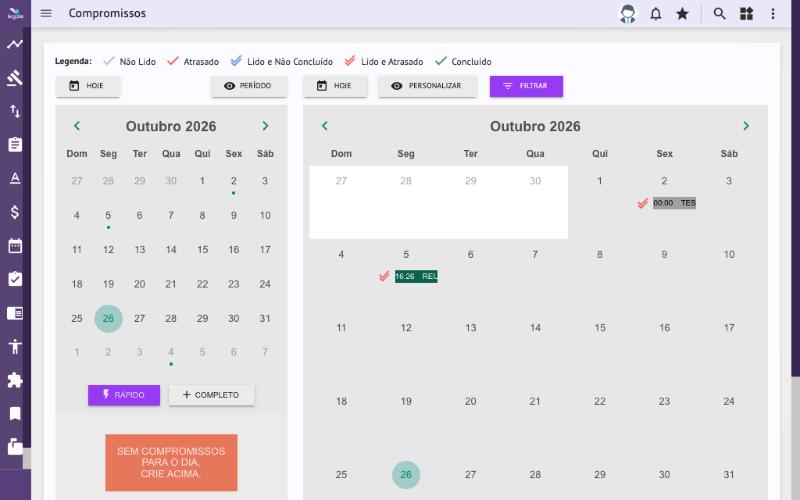 Agenda de compromissos: mês de referência à esquerda e quadro de compromissos à direita, com a legenda de status.