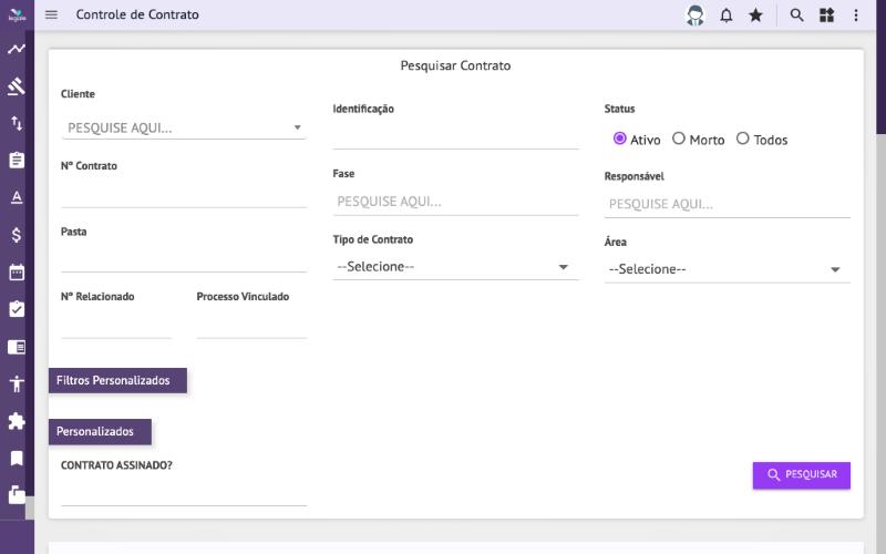 Contrato → Consulta: pesquisa por cliente, fase, tipo e status.