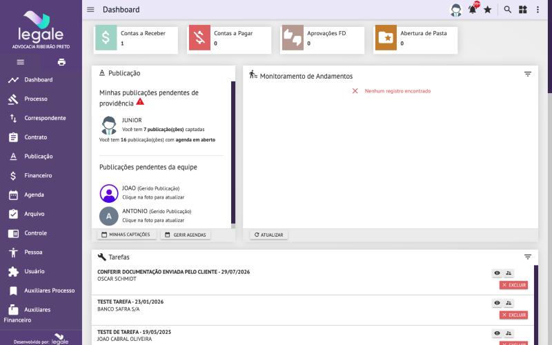 Painel inicial (Dashboard) do LegaleWeb, com os widgets de publicações, tarefas e financeiro.