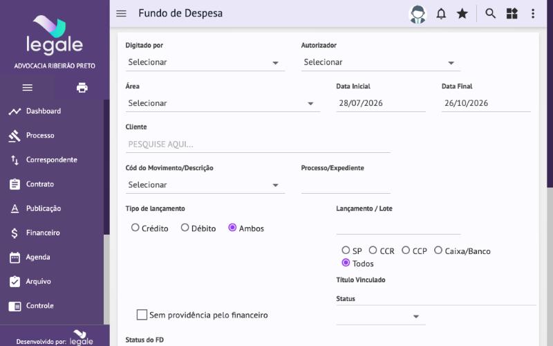 Financeiro → Fundo de Despesa: consulta de lançamentos por período, tipo e status.