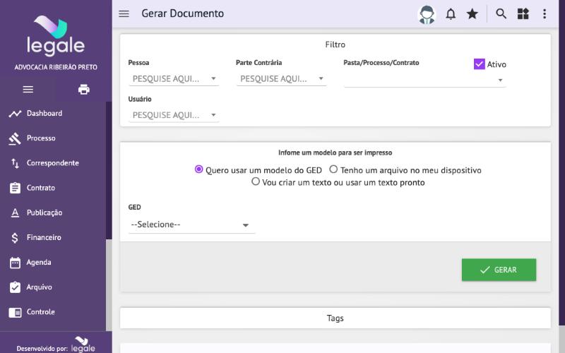 Controle → Gerar documento: escolha do modelo do GED e preenchimento das tags.