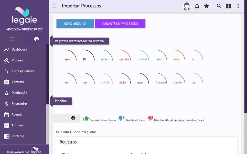 Importar Processos: medidores de identificação dos cadastros e a planilha em conferência.