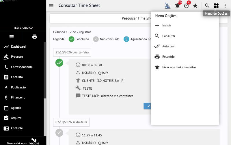 Barra superior → Menu de Opções da tela de Time Sheet: Incluir, Consultar, Autorizar, Relatório e Fixar nos Links Favoritos.