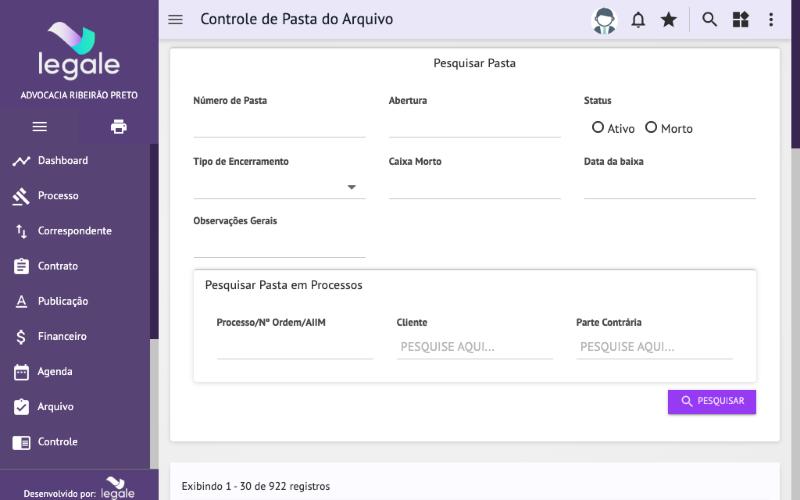 Arquivo → Controle de Pastas: pesquisa por número, status e encerramento.