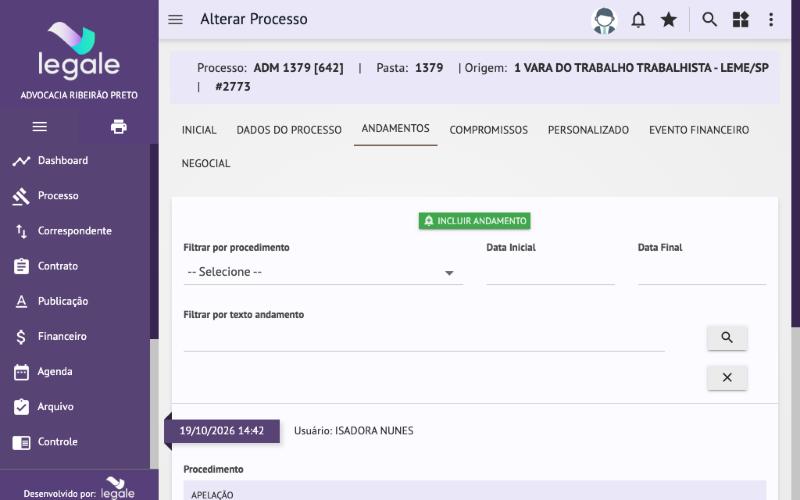 Aba Andamentos da ficha: filtro e linha do tempo das movimentações.