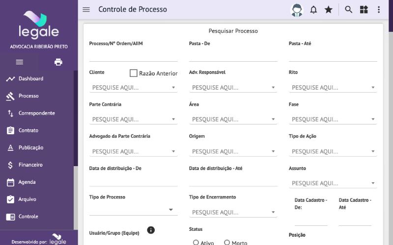 Processo → Consulta: filtros de pesquisa de processos.