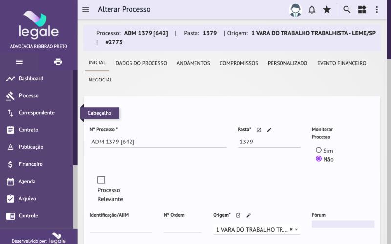 Ficha do processo aberta, com as abas Inicial, Dados do Processo, Andamentos, Compromissos e Evento Financeiro.