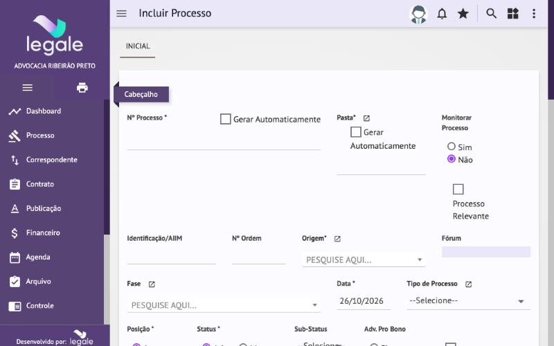 Processo → Cadastro: a capa do processo (aba Inicial).