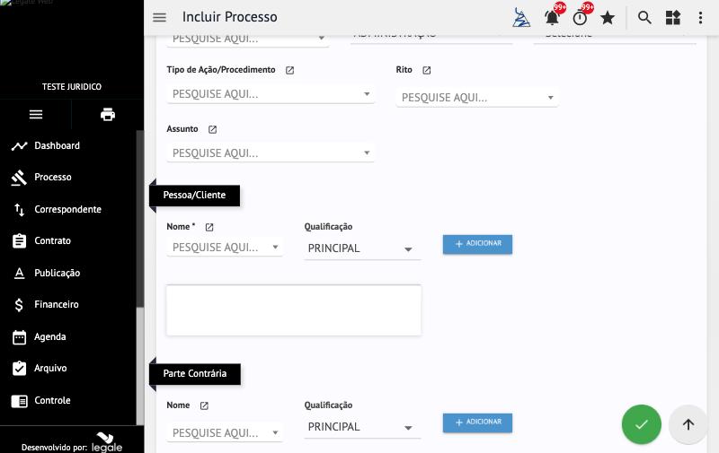 Cadastro de processo: a seção Pessoa/Cliente (Nome obrigatório, Qualificação e Adicionar) e o botão verde ✓ para salvar, no canto inferior direito.