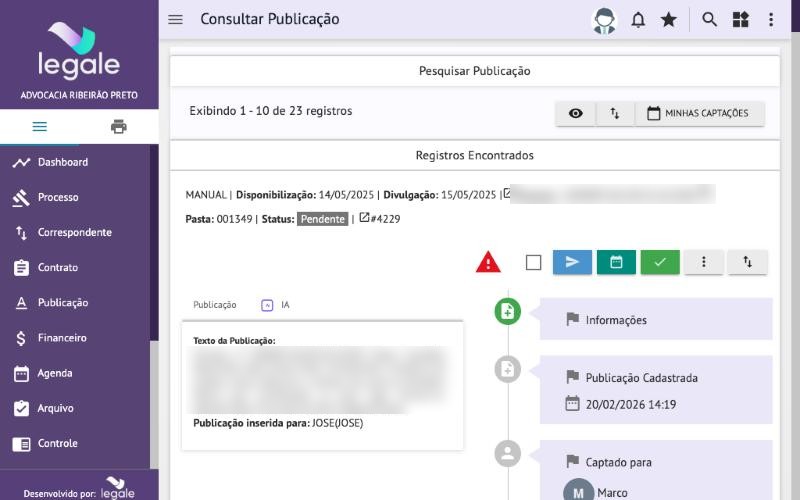 Consulta de publicações: texto capturado e linha do tempo do tratamento.