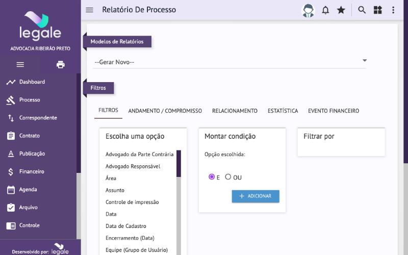 Relatório de Processo: modelos salvos e montagem de filtros por condição.
