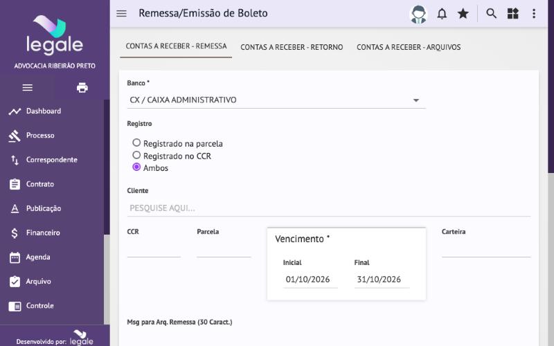 Remessa/Emissão de Boleto: abas de remessa, retorno e arquivos.