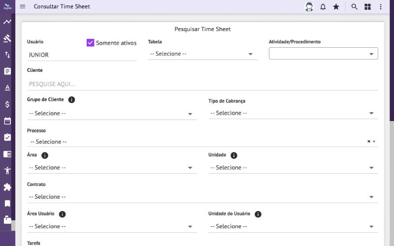 Controle → Time Sheet: filtros da consulta de lançamentos de horas.