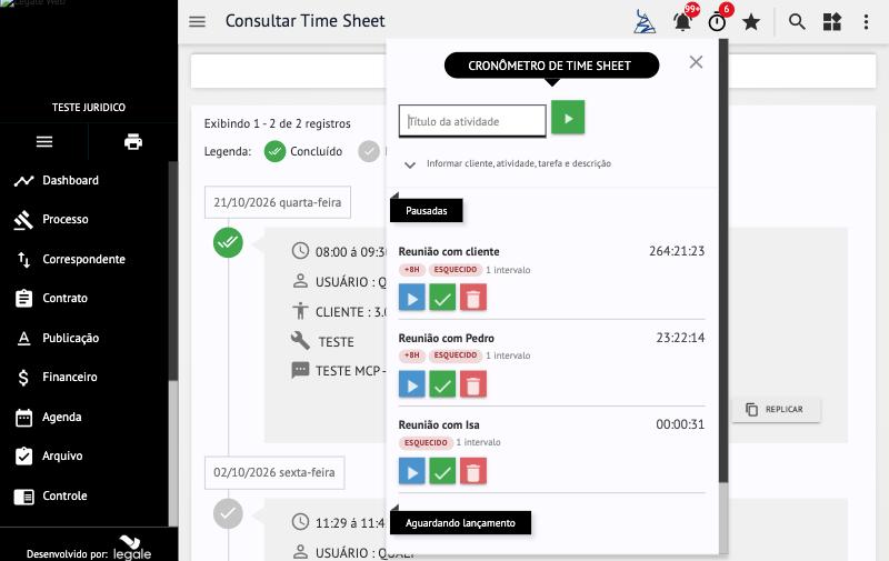 Barra superior → Cronômetro de Time Sheet: título da atividade, botão iniciar e as atividades pausadas com as etiquetas +8H e ESQUECIDO.